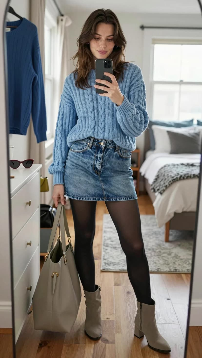 Sky Blue Cable Knit Sweater + Washed Denim Mini Skirt + Black Sheer Tights + Taupe Suede Ankle Boots