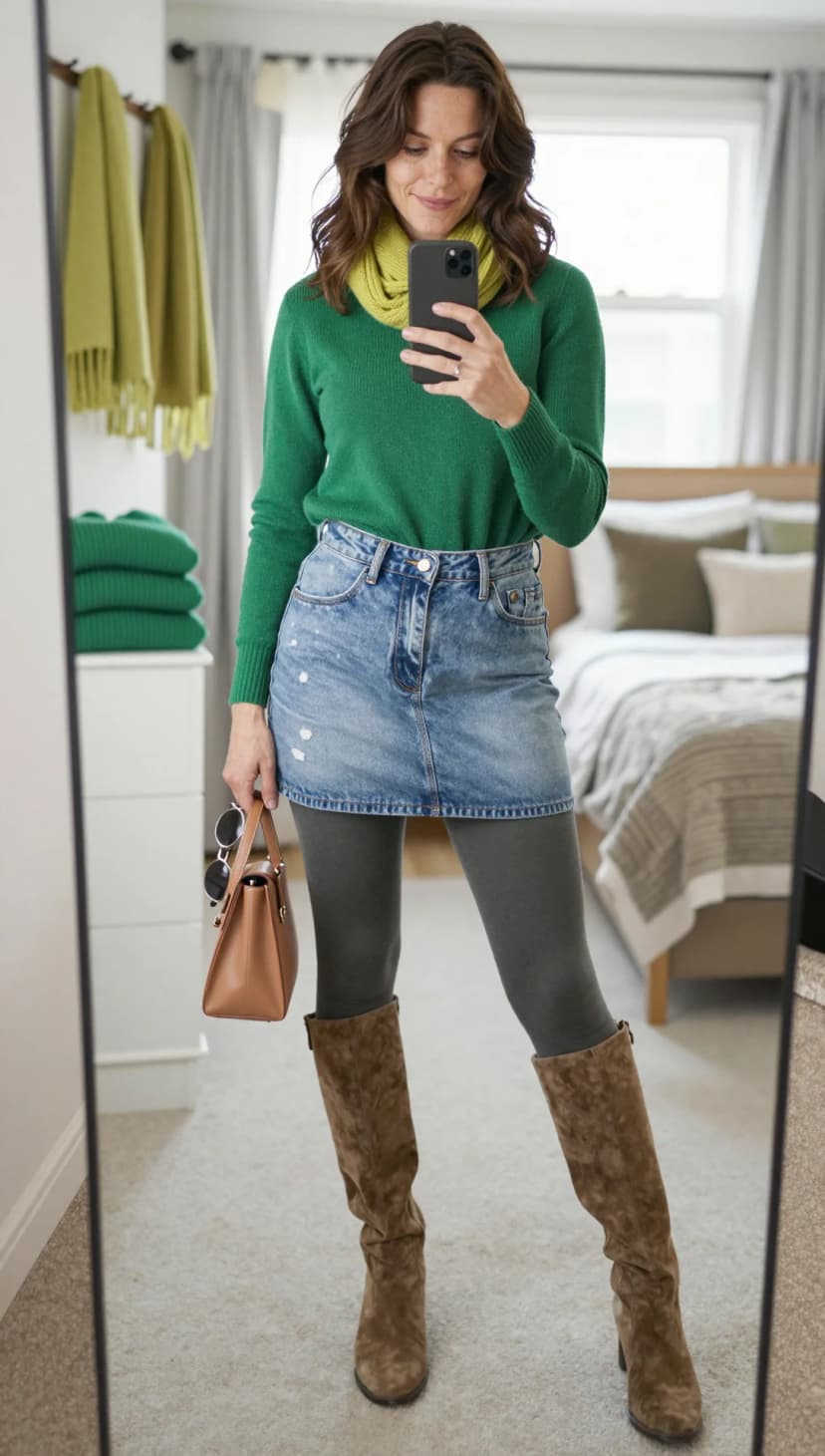Green Crew Neck Sweater + Light Wash Denim Mini Skirt + Charcoal Grey Tights + Brown Suede Boots