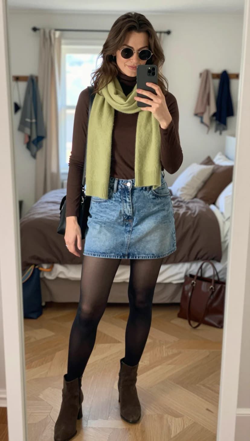 Brown Long Sleeve Turtleneck + Light Wash Denim Mini Skirt + Black Tights + Olive Scarf + Brown Suede Ankle Boots