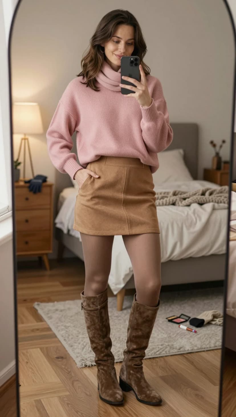 Pink Turtleneck Sweater + Camel Suede Mini Skirt + Taupe Tights + Brown Suede Boots