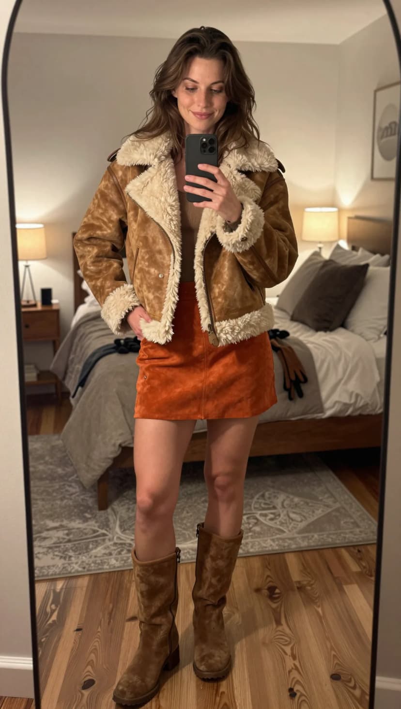 Brown Suede Shearling Jacket + Burnt Orange Suede Mini Skirt + Brown Suede Boots