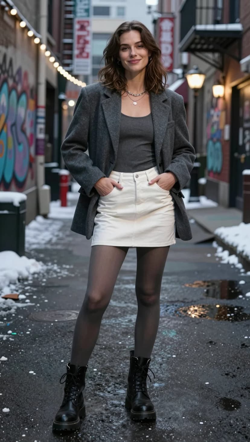 Grey Herringbone Blazer + Charcoal Ribbed Tank + White Denim Mini Skirt + Charcoal Ribbed Tights + Black Combat Boots
