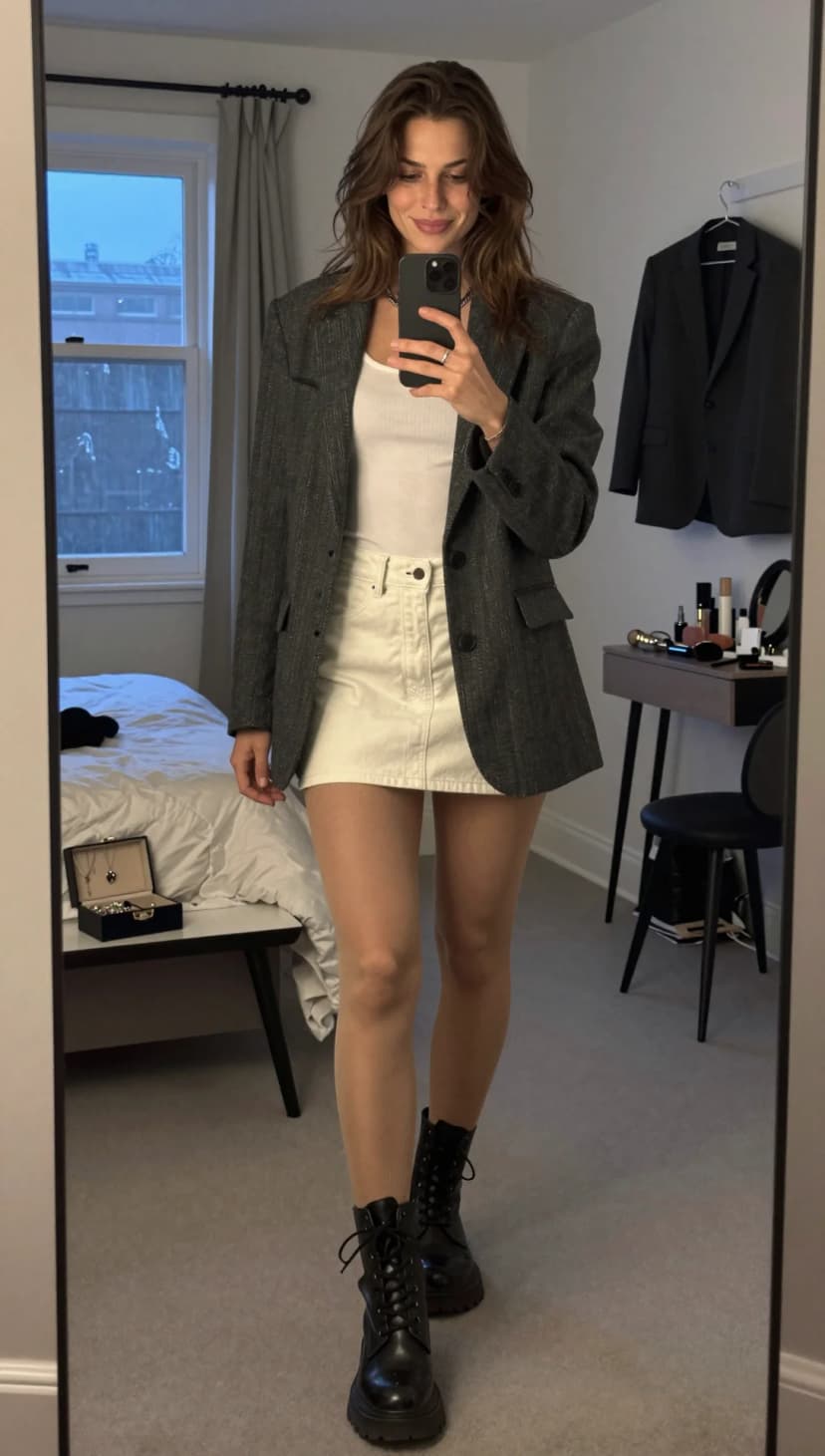Grey Herringbone Blazer + Charcoal Ribbed Tank + White Denim Mini Skirt + Charcoal Ribbed Tights + Black Combat Boots - Variant 2