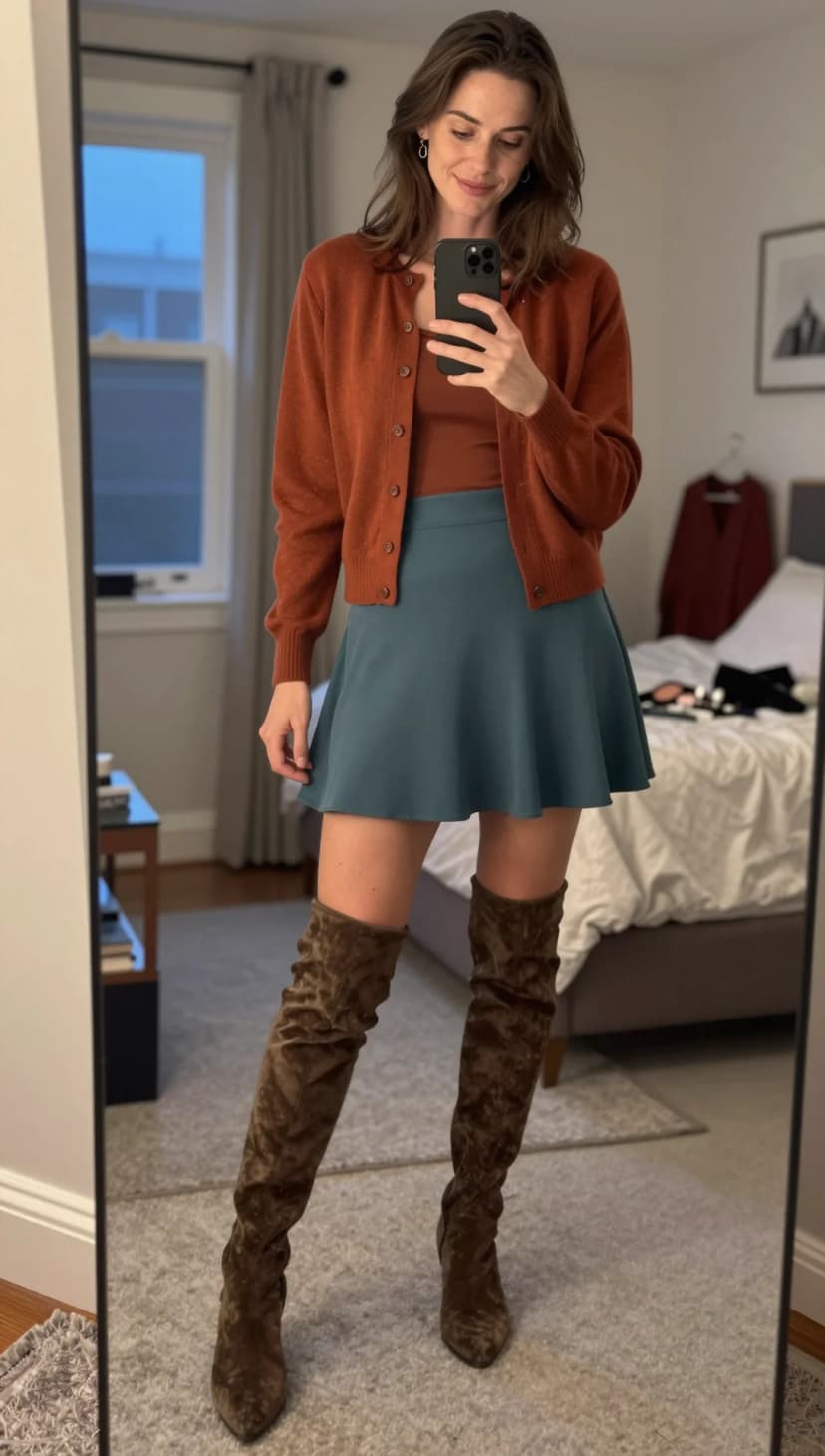 Rust Cardigan + Teal Mini Skirt + Brown Suede OTK Boots - Variant 1
