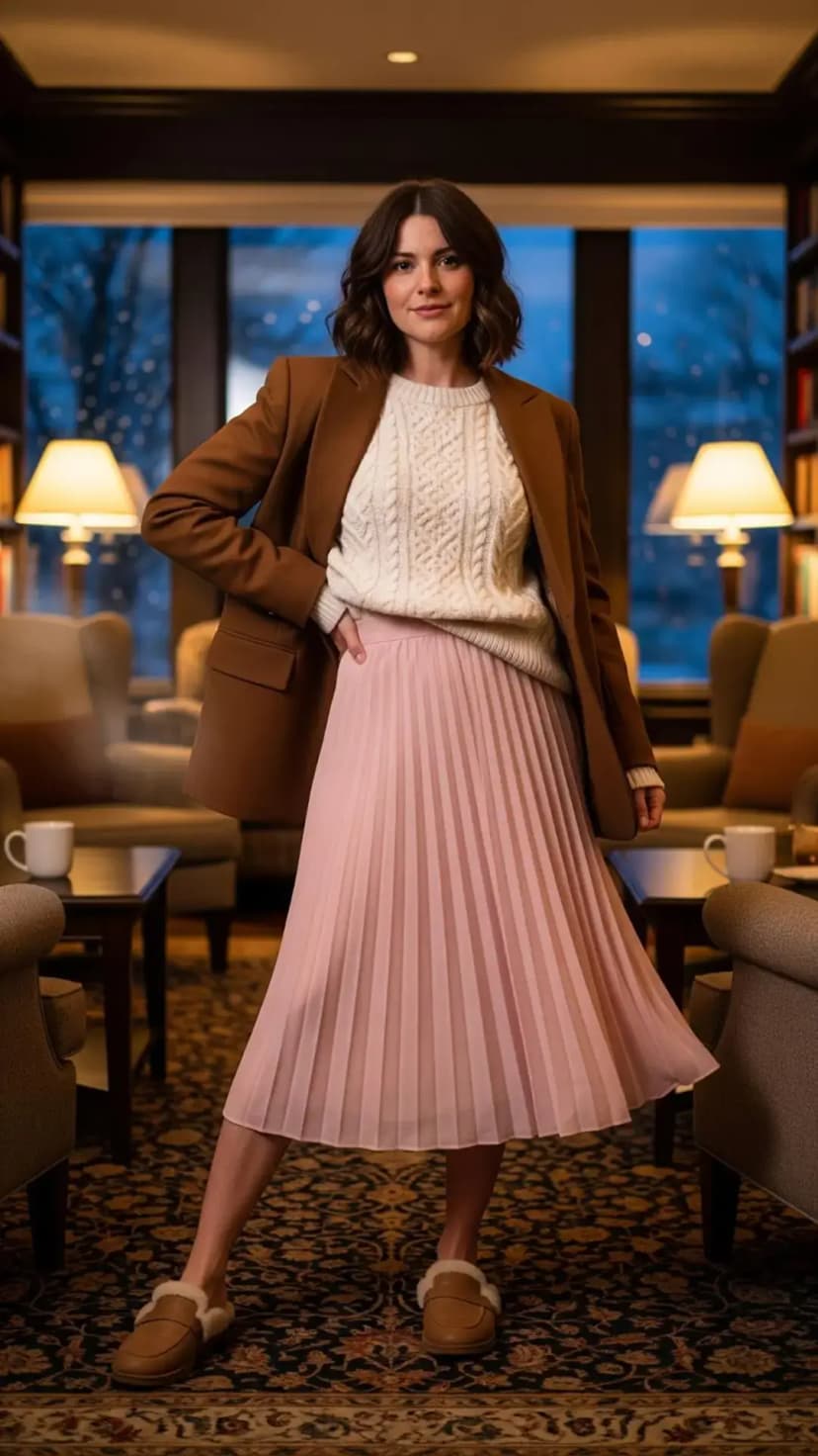 Brown Blazer + Cream Cable Knit Sweater + Pale Pink Pleated Midi Skirt + Tan Fuzzy Slippers