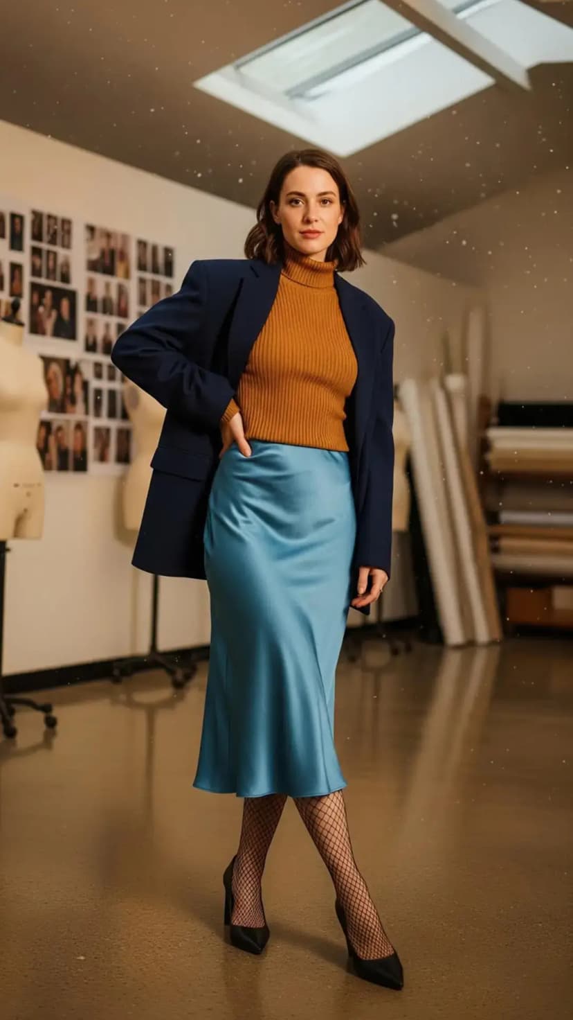 Navy Blazer + Mustard Turtleneck Sweater + Light Blue Satin Midi Skirt + Fishnet Tights + Black Pumps
