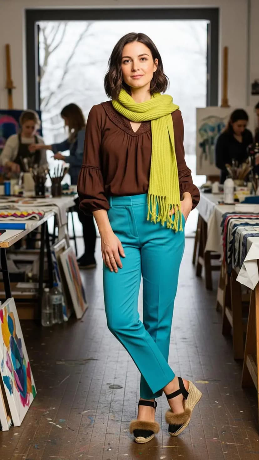 Brown Blouse + Blue Trousers + Lime Green Scarf + Black Fur Espadrille Wedges