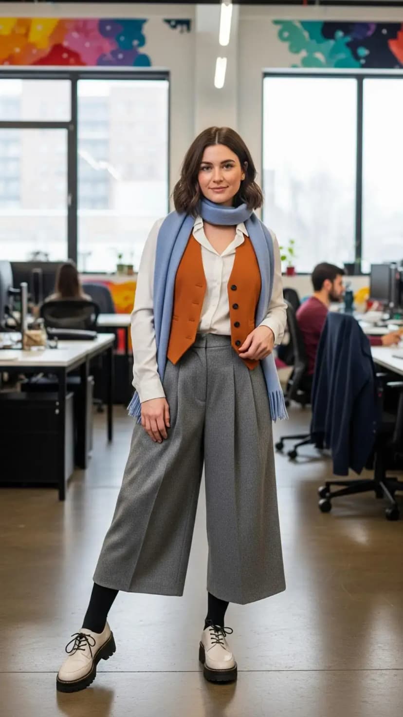 Camel Coat + Grey Wide-Leg Pants + White Blouse + Blue Scarf