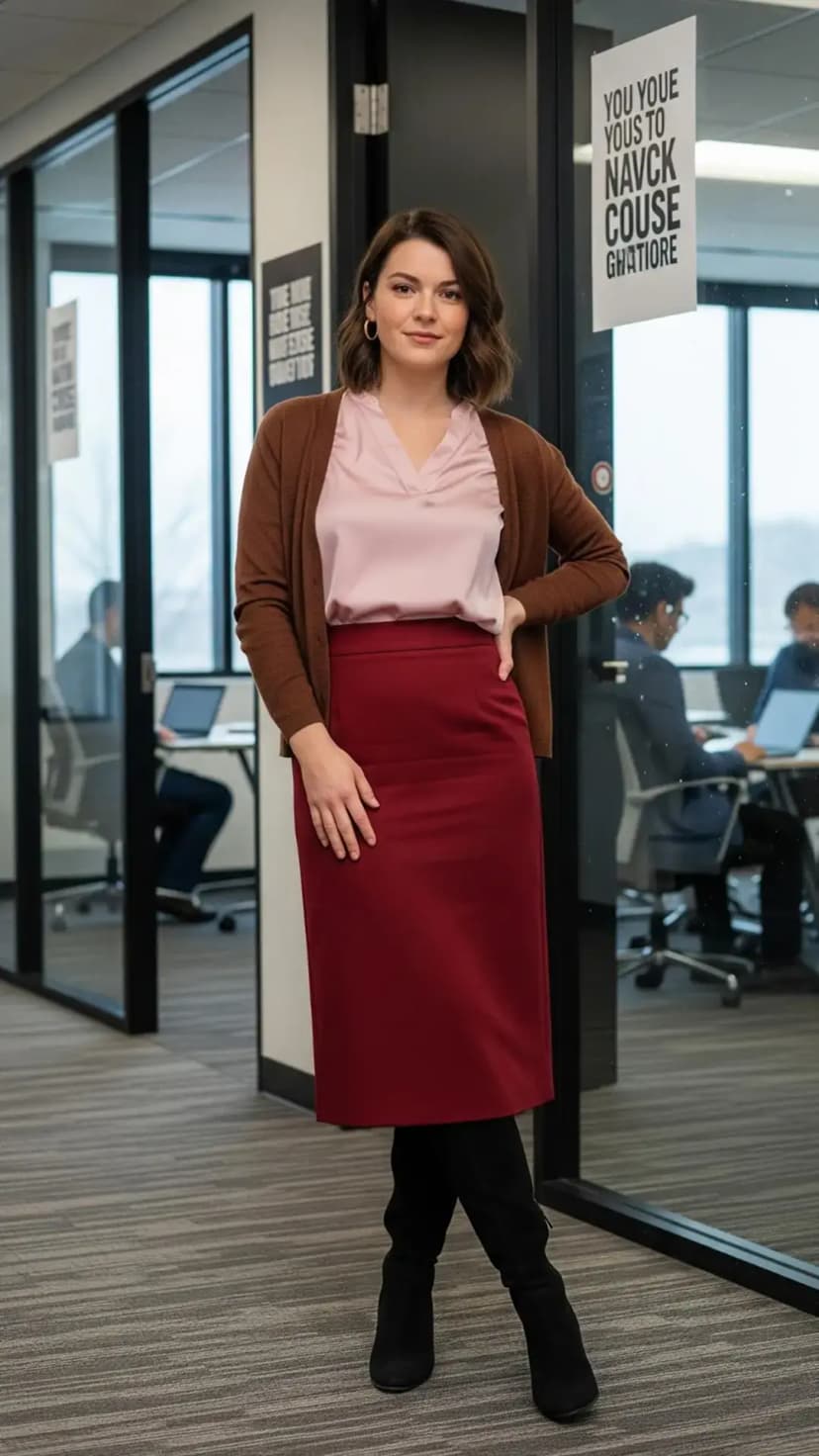 Brown Cardigan + Light Pink Blouse + Burgundy Pencil Skirt + Black Suede Boots