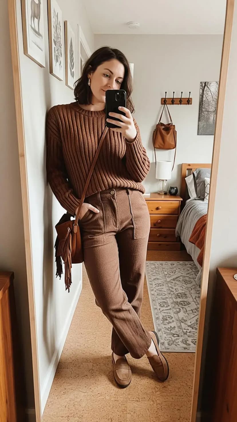 Brown Ribbed Knit Sweater