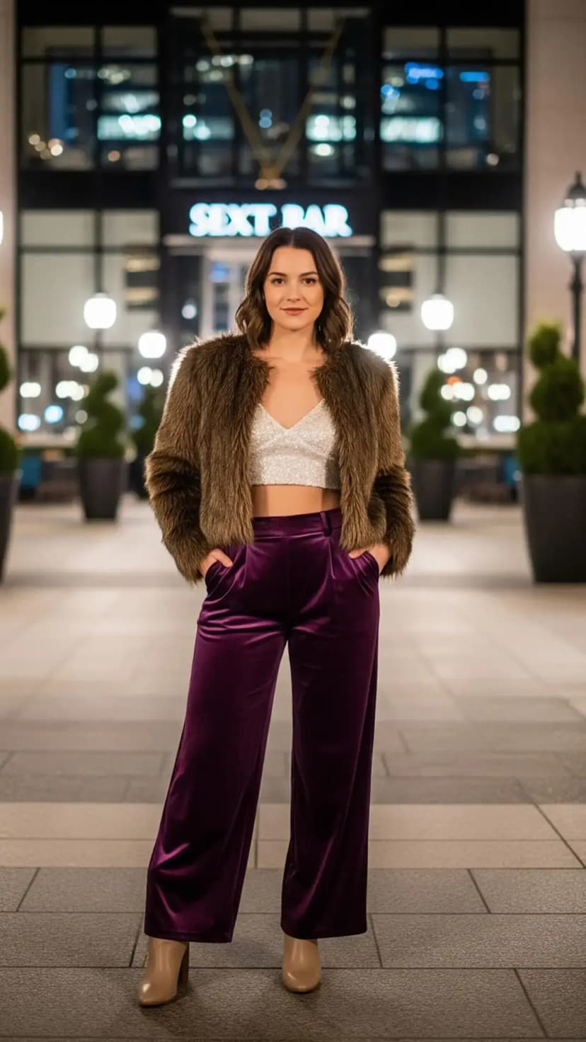 Silver Sequin Crop Top + Plum Velvet Wide-Leg Pants + Cropped Faux Fur Jacket