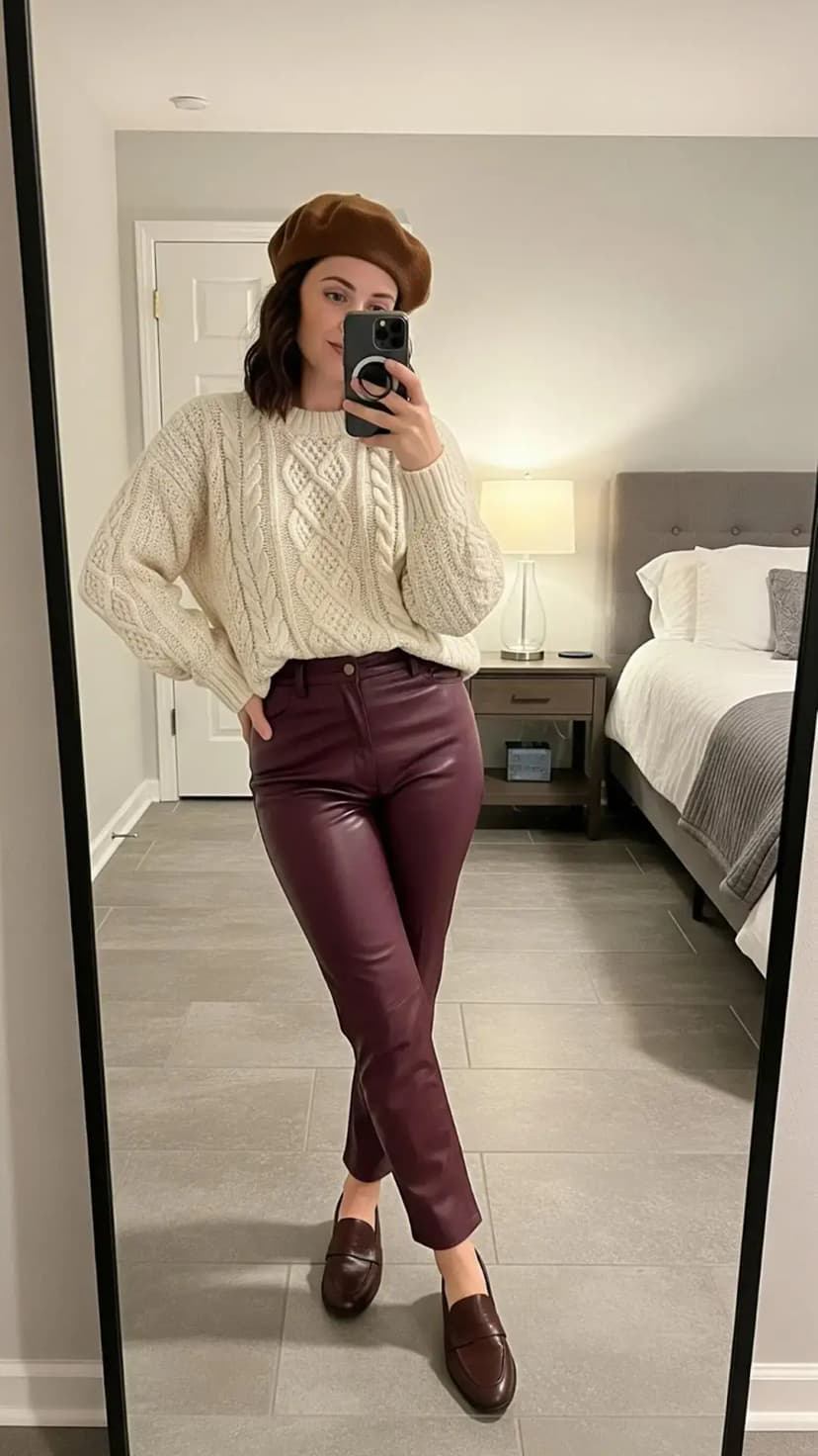 Cream Cable Knit Sweater + Burgundy Leather Trousers + Brown Beret + Penny Loafers