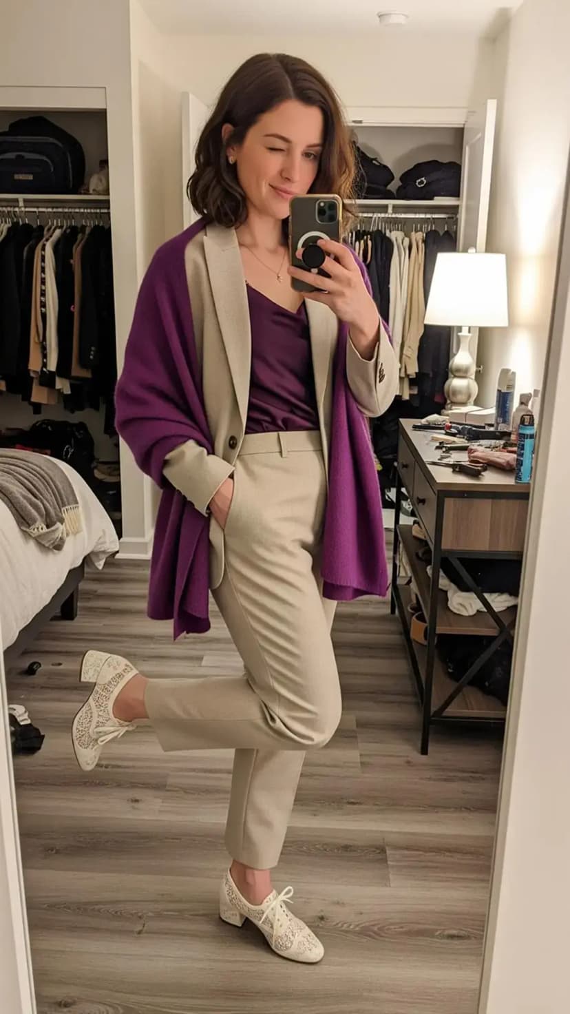 Beige Suit Set + Purple Silk Cami + Purple Cashmere Shawl + Lace-Up Oxford Heels