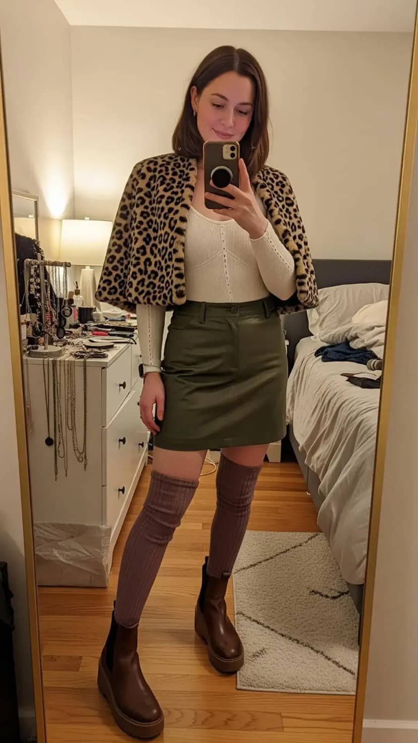 White Ribbed Bodysuit + Olive Leather Mini Skirt + Leopard Print Faux Fur Cape + Chunky Boots