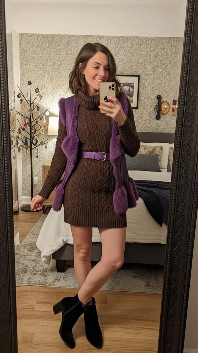 Brown Cable Knit Sweater Dress + Purple Faux Fur Vest + Purple Belt + Black Suede Boots