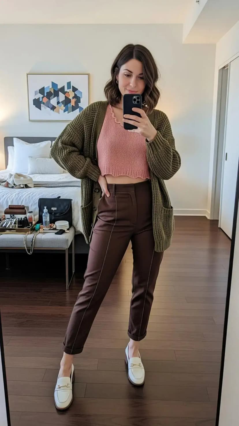 Pink Knit Crop + Chocolate Trousers + Olive Cardigan + White Loafers