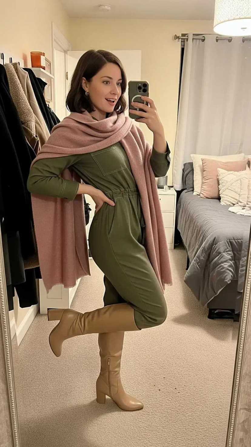 Olive Green Utility Jumpsuit + Pink Cashmere Shawl + Beige Knee-High Boots