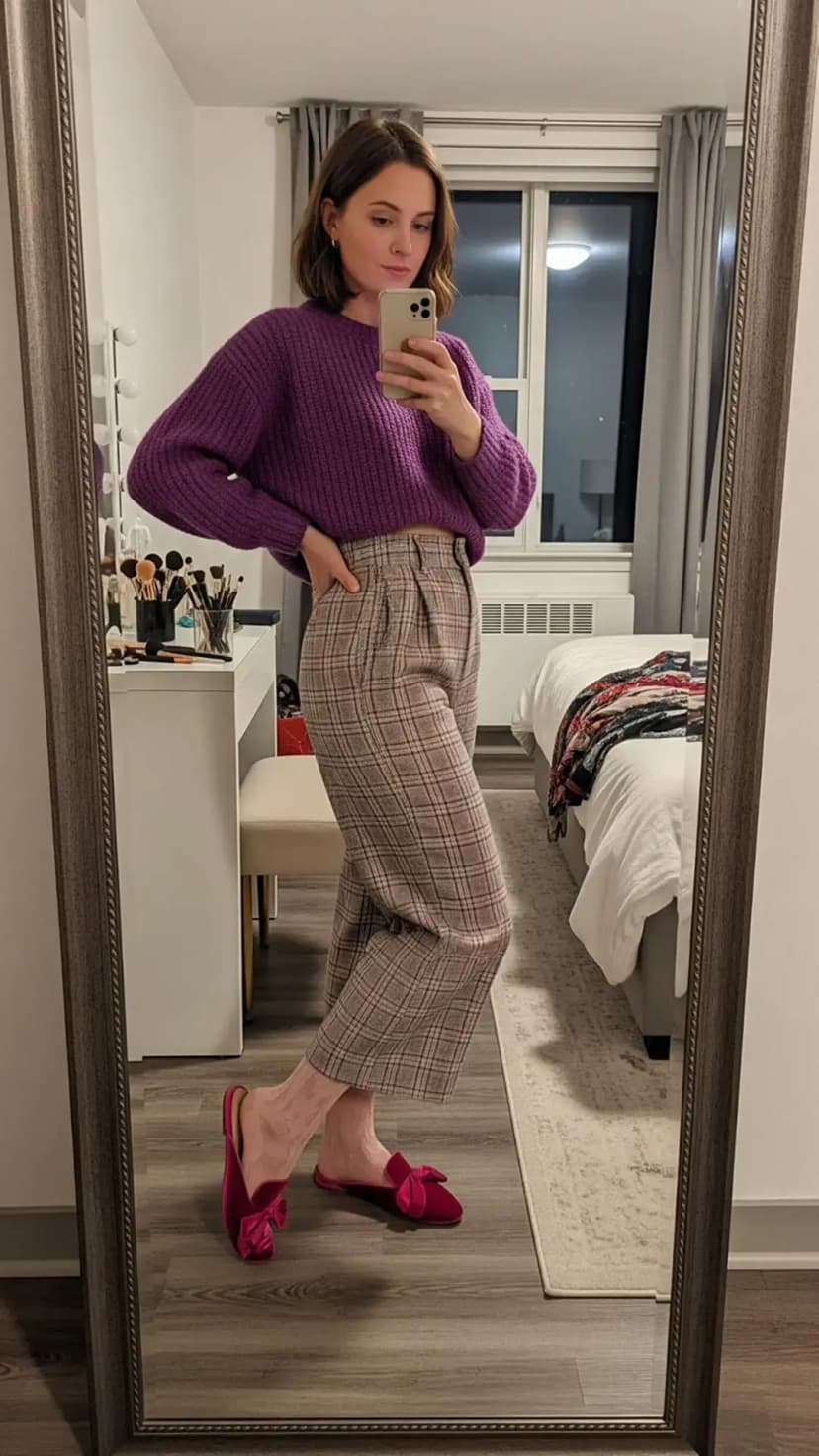 Purple Chunky Knit Sweater + Plaid Trousers + Pink Velvet Mules
