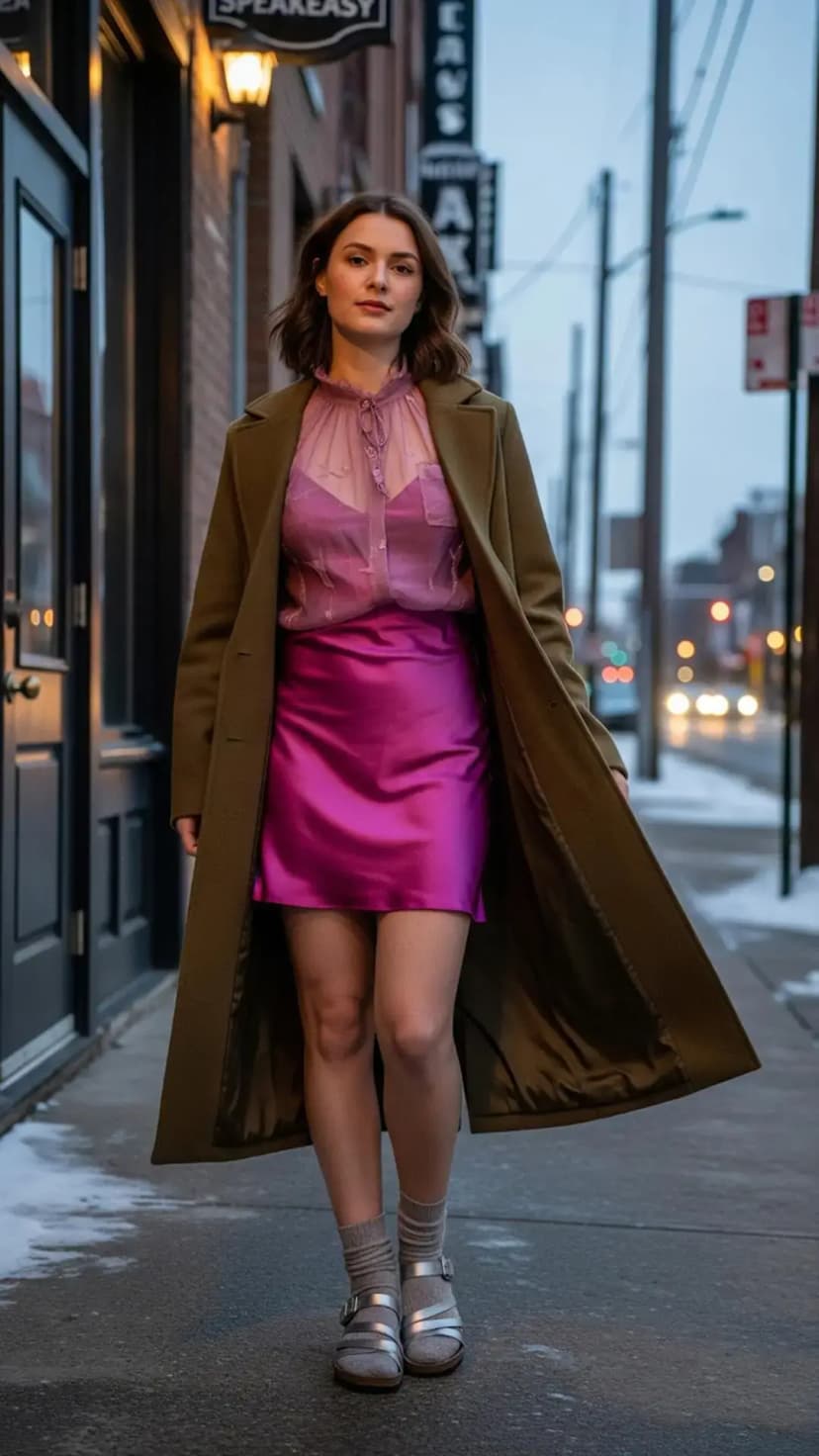 Sheer Pink Embellished Blouse + Magenta Satin Mini Skirt + Olive Long Coat + Silver Sandals
