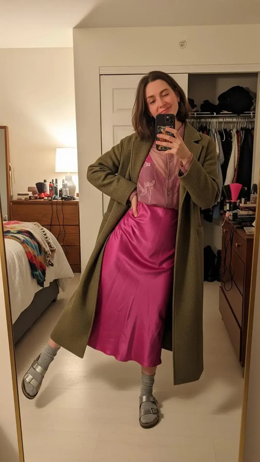 Sheer Pink Embellished Blouse + Magenta Satin Midi Skirt + Olive Long Coat + Silver Sandals
