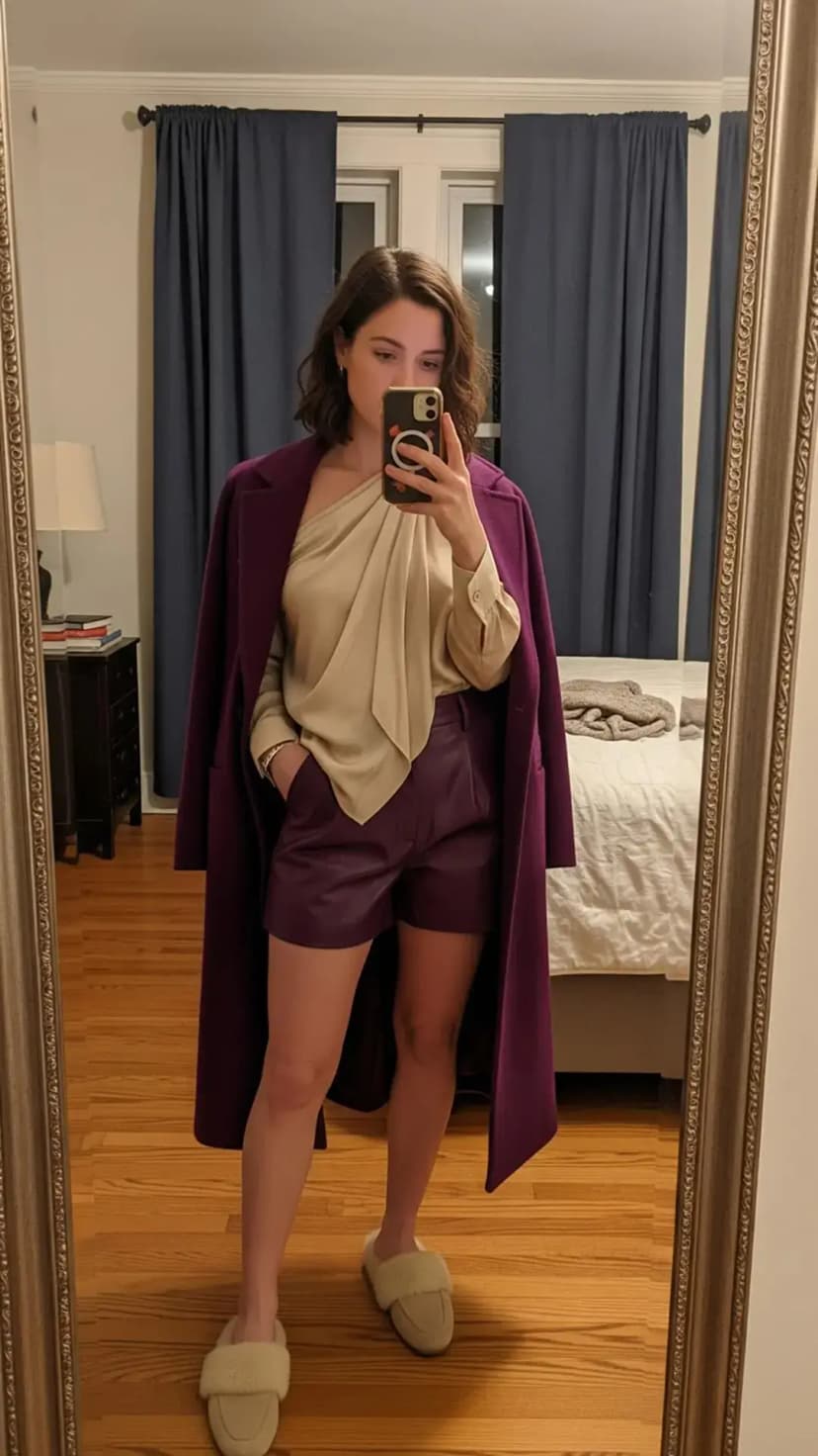 Champagne One-Shoulder Silk Top + Purple Leather Shorts + Plum Wool Coat