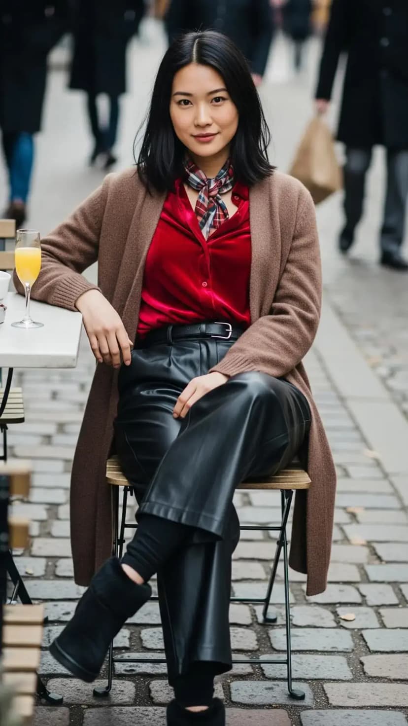 Brown Cardigan Coat + Red Velvet Shirt + Black Leather Pants + Black Booties + Plaid Neck Scarf