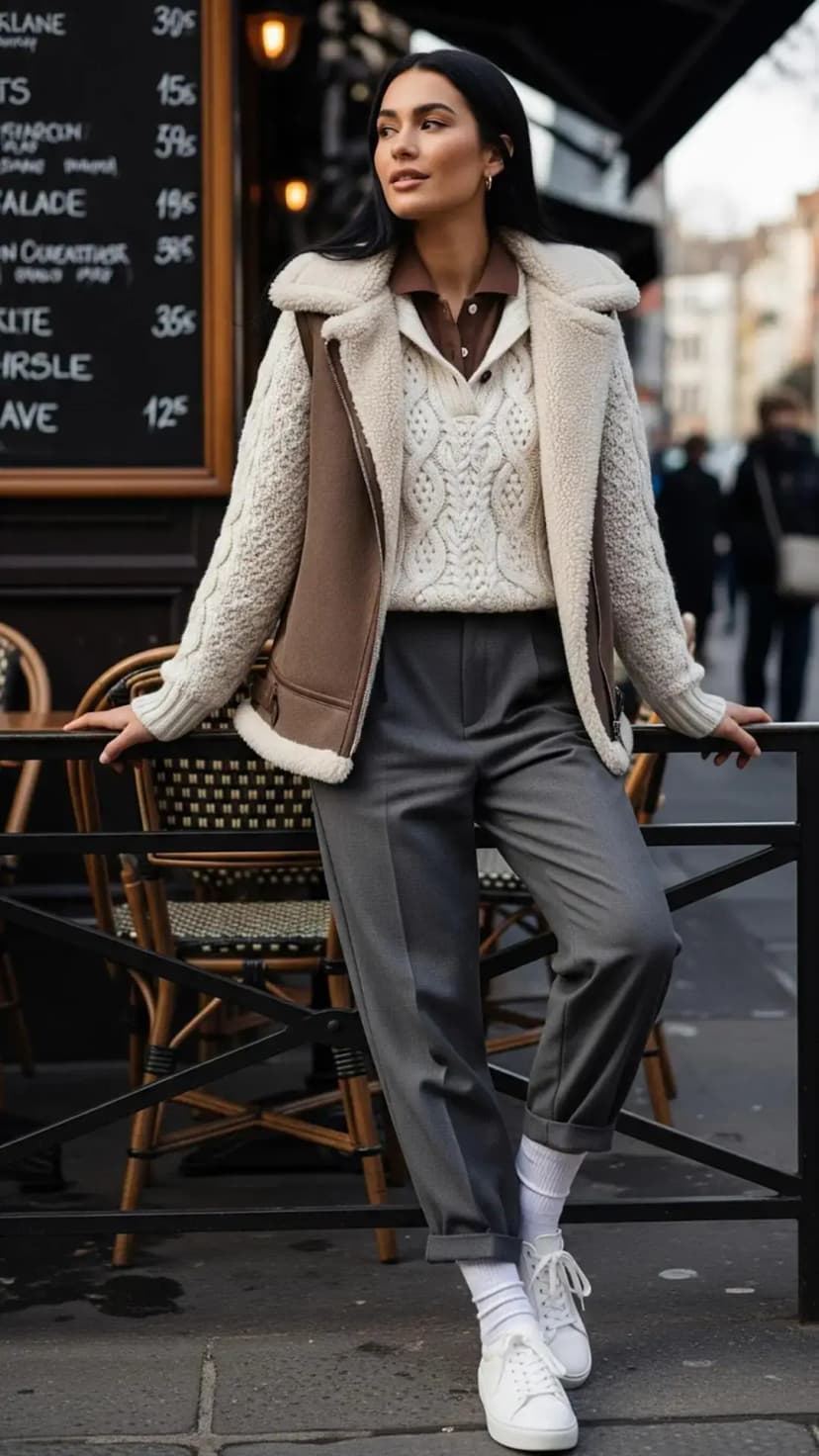 Brown Shearling Vest + Cream Cable Knit Sweater + Brown Polo Shirt + Gray Trousers + White Sneakers