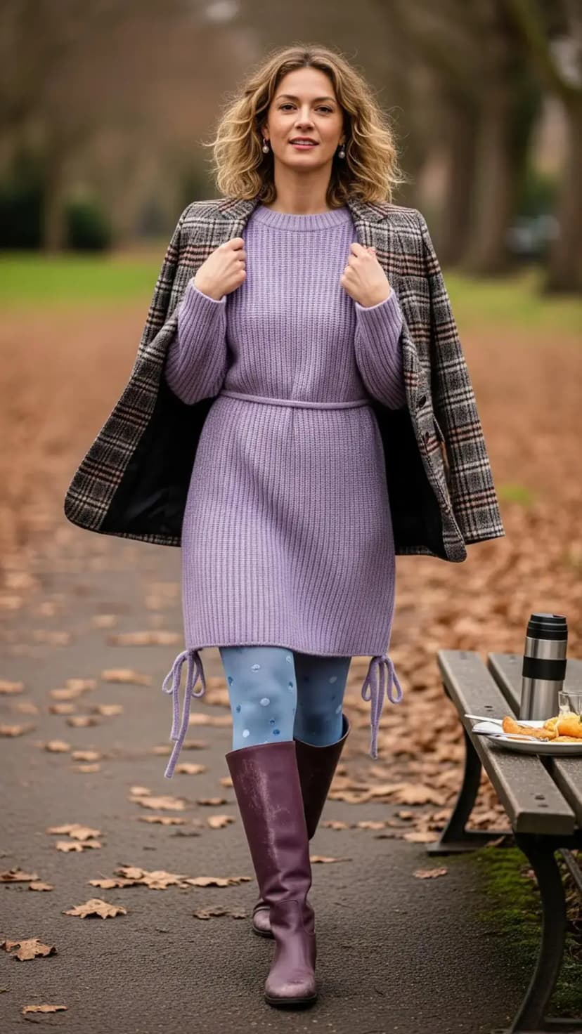 Plaid Coat + Lavender Knit Dress + Blue Dot Tights + Purple Knee Boots