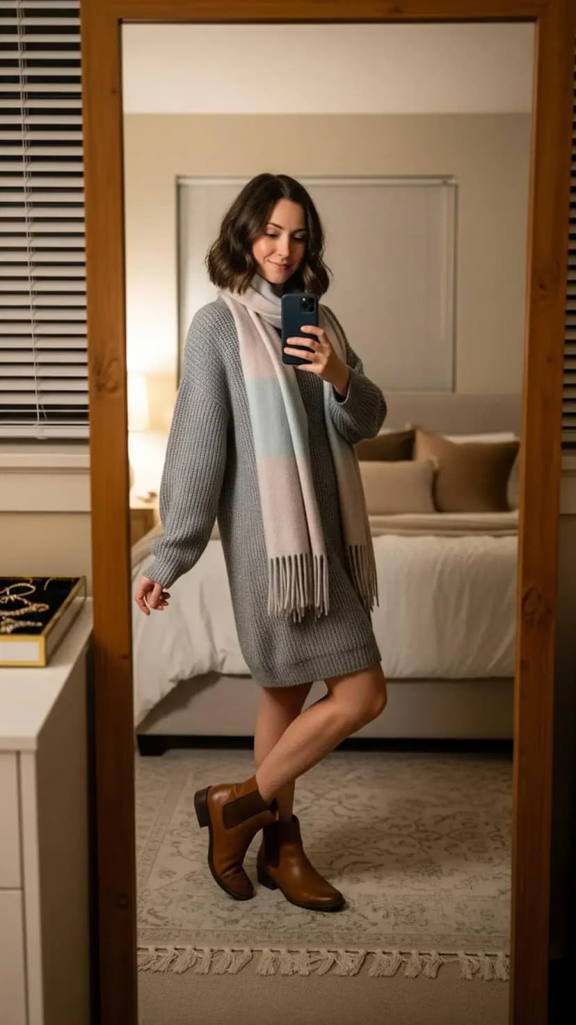 Grey Sweater Dress + Block Heel Brown Boots + Blush Colorblock Scarf