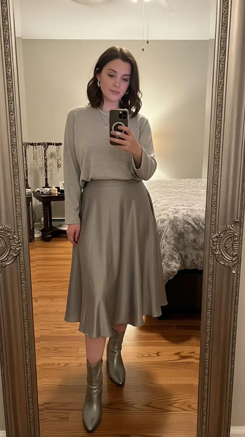 Light Grey Top + Satin Midi Skirt + Silver Ankle Boots