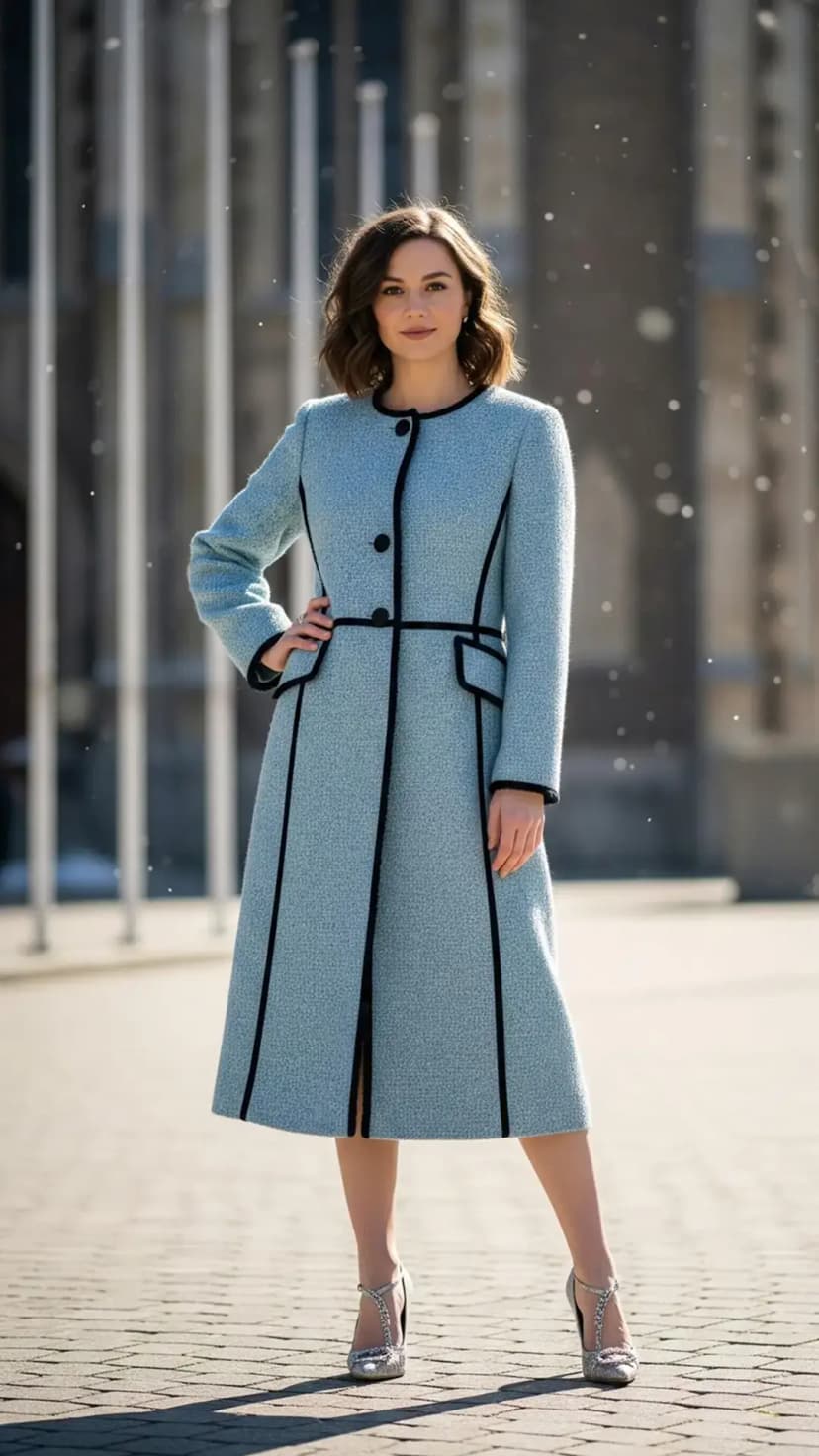 Light Blue Coat + Black Trim + Snakeskin Heels