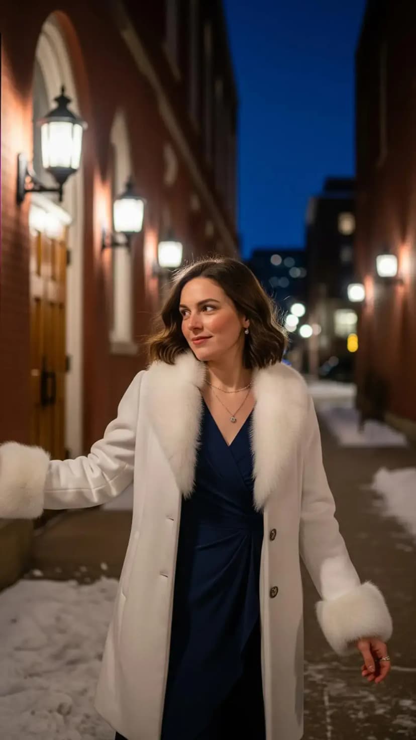 Navy Wrap Dress + White Fur Trim Coat