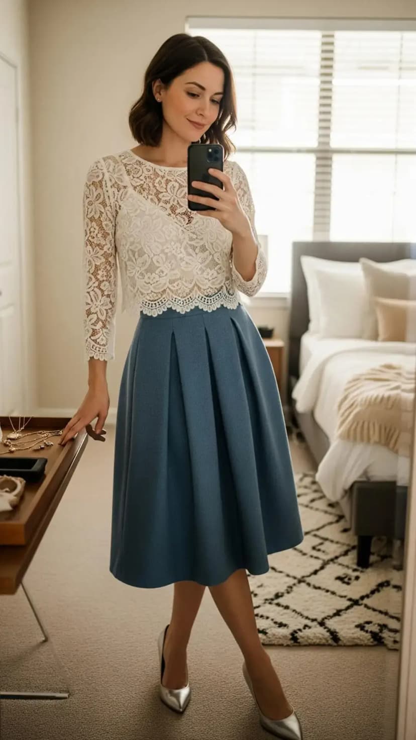 White Lace Top + Pleated Blue Midi Skirt + Silver Heels