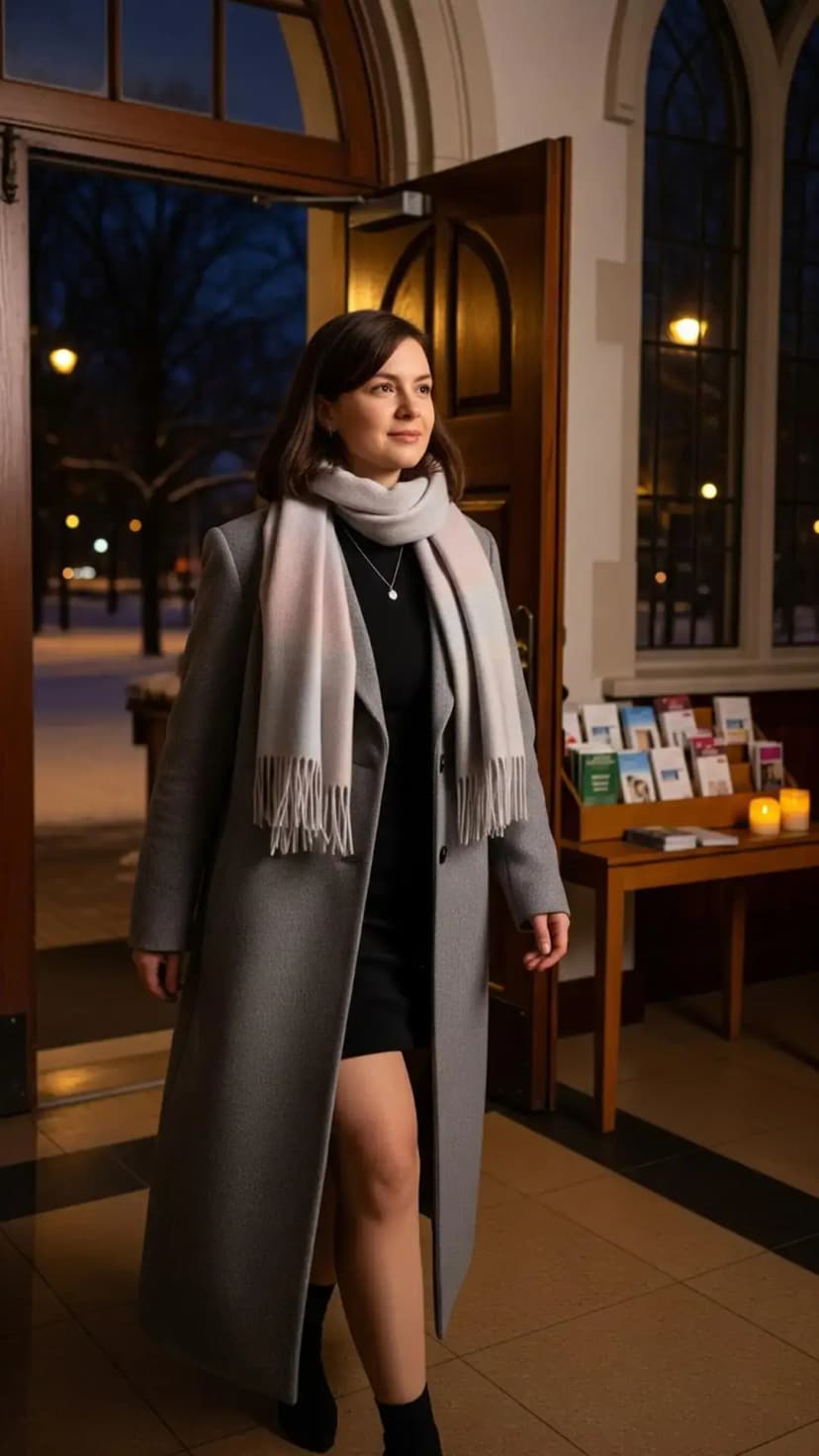 Black Knit Dress + Grey Long Coat + Blush Scarf + Black Booties