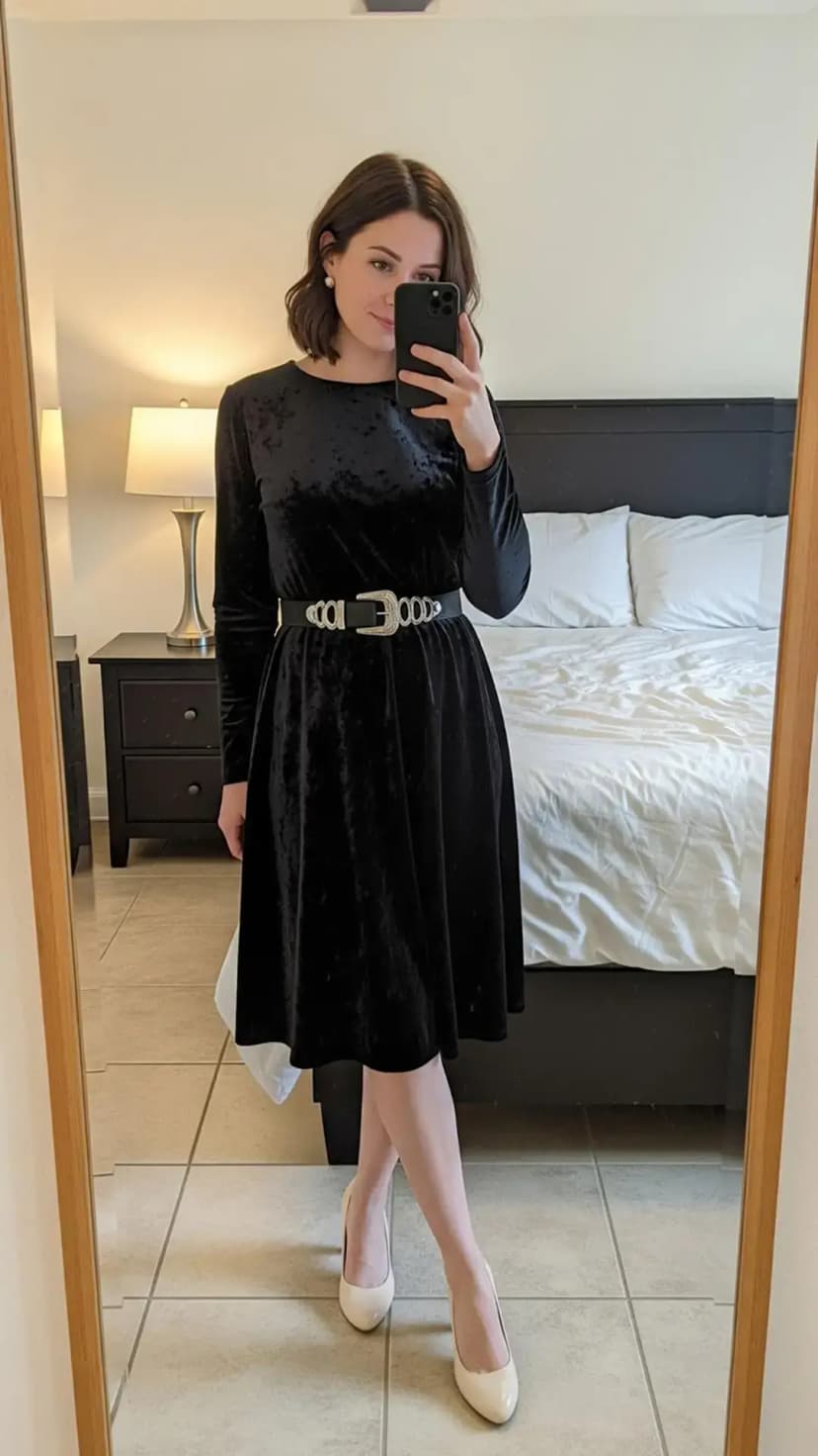Black Velvet Dress + Western Belt + Cream Heels
