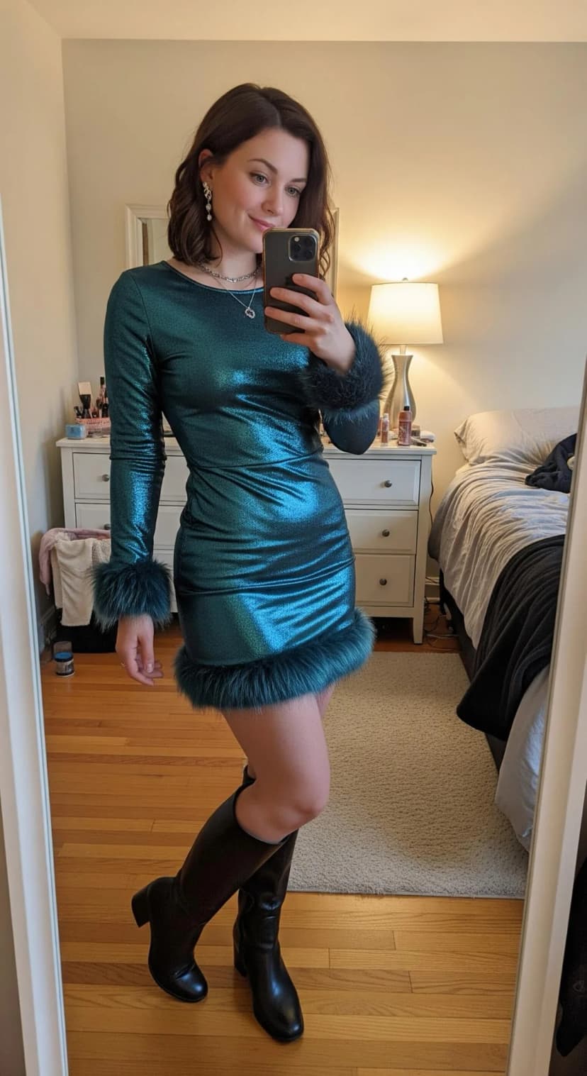 Teal Shimmer Mini Dress + Black Knee-High Boots