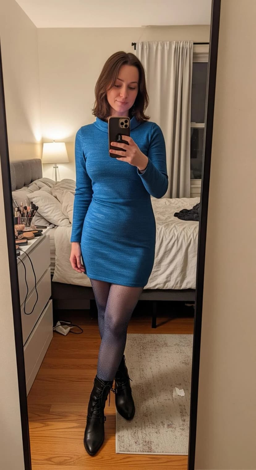 Teal Knit Mini Dress + Shimmer Tights + Black Lace-Up Boots