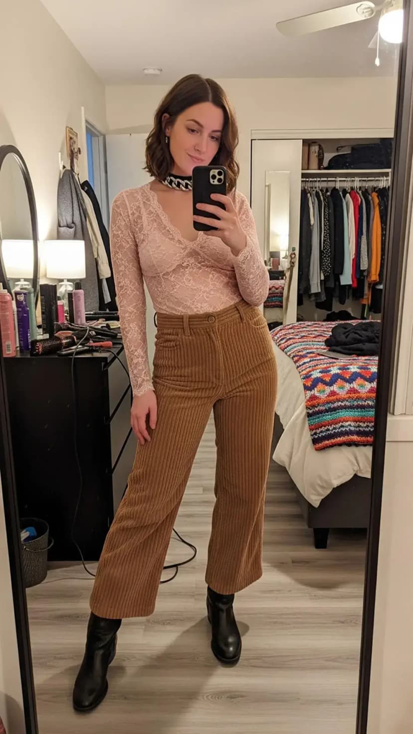Rose Lace Bodysuit + Tan Corduroy Trousers + Brown Heeled Boots