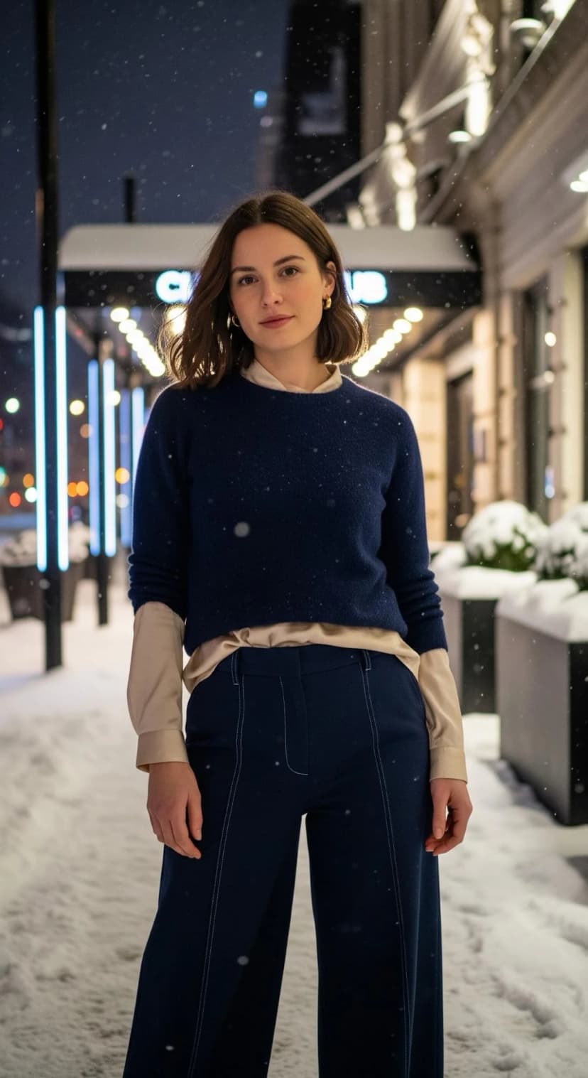 Navy Wool Sweater + Beige Silk Blouse + Navy Wide-Leg Trousers