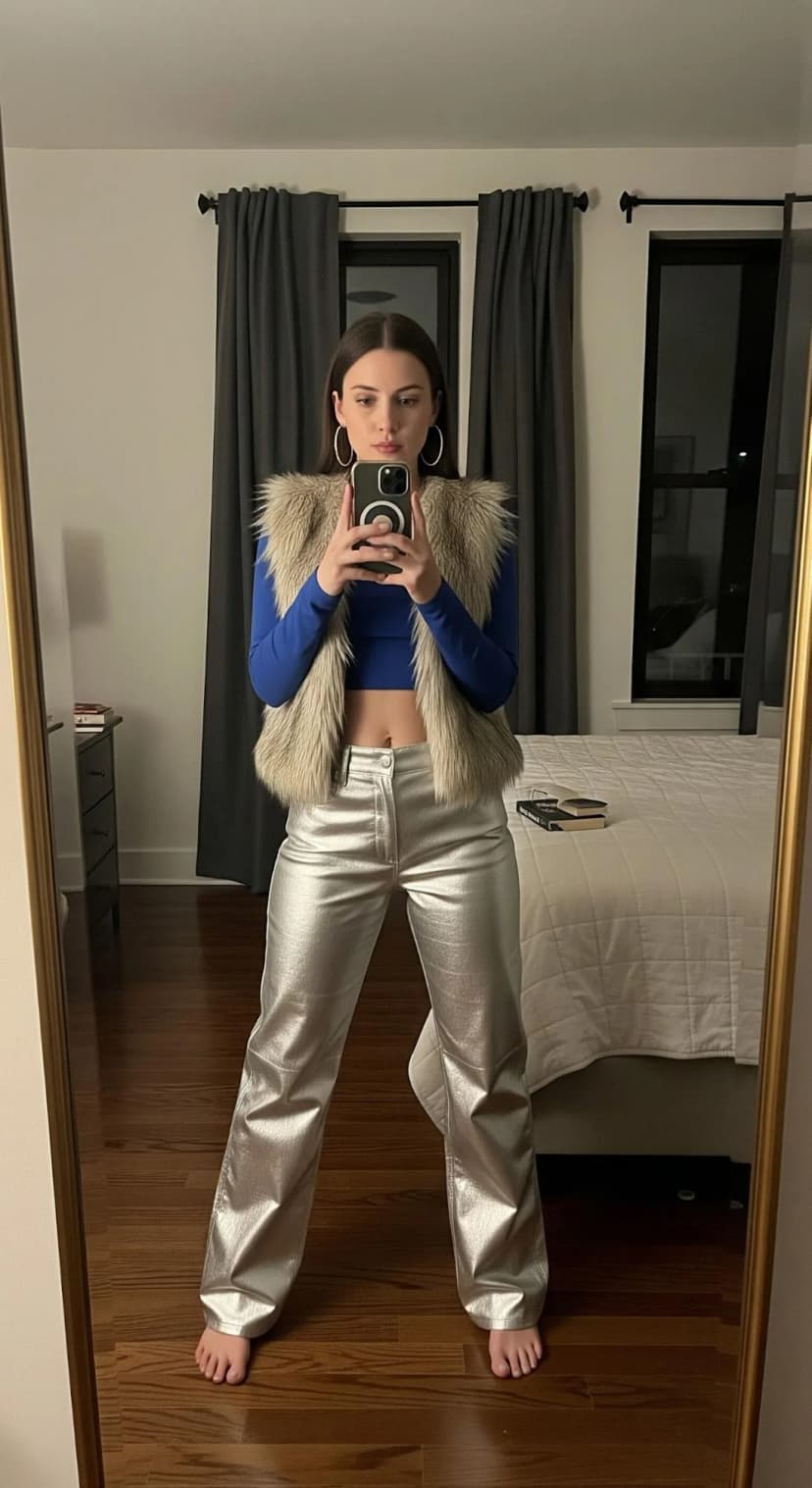 Blue Long Sleeve Crop Top + Silver Metallic Trousers + Beige Faux Fur Vest
