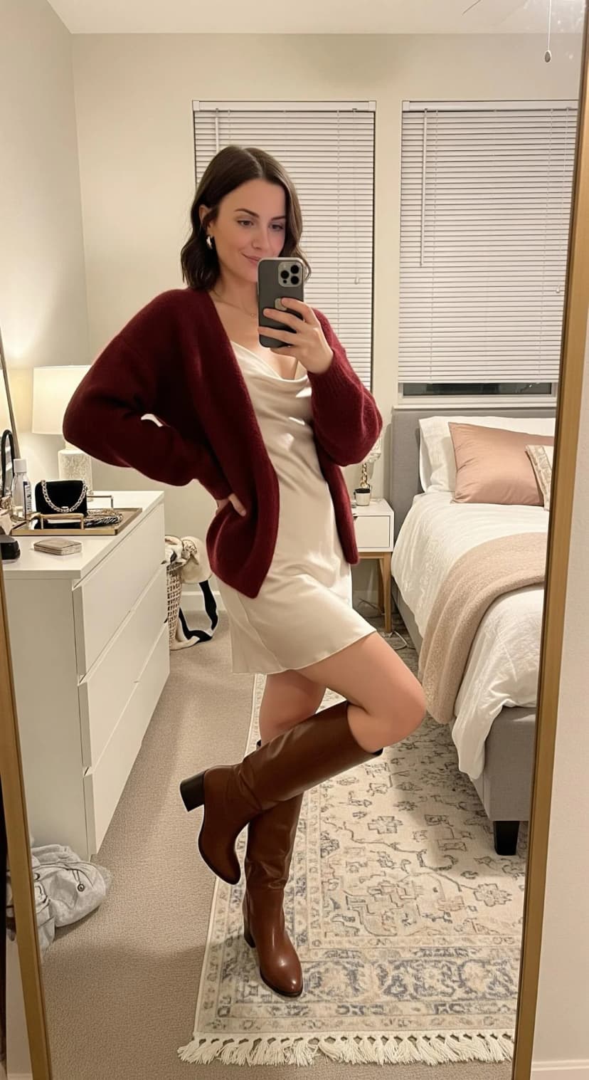 Cream Silk Slip Dress + Burgundy Knit Cardigan + Cognac Knee High Boots
