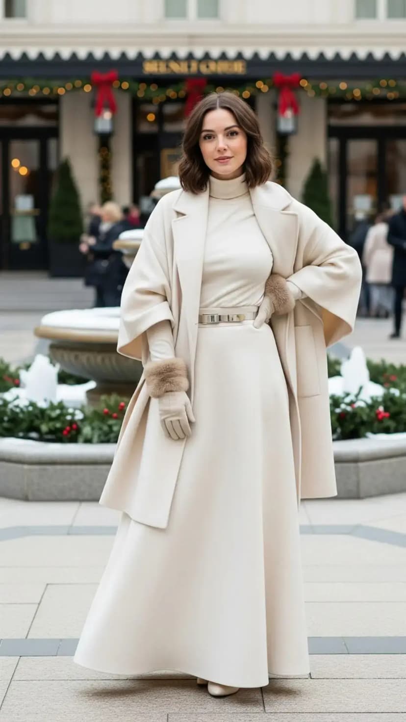 Ivory Turtleneck Top + Ivory Maxi Skirt + Ivory Coat + Fur Trim Gloves + Ivory Shoes