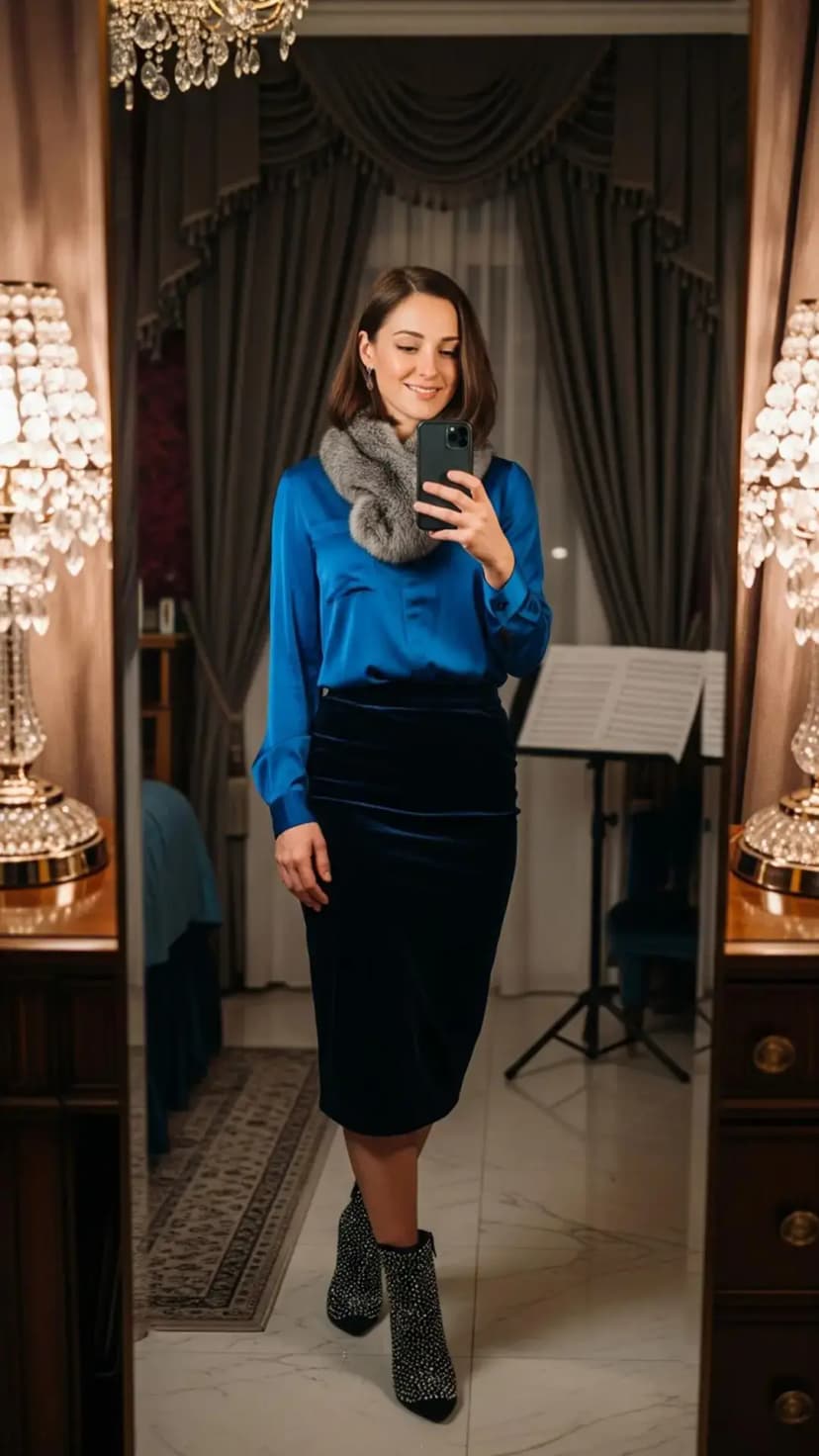 Satin Blue Shirt + Velvet Midi Skirt + Faux Fur Shawl + Studded Ankle Boots