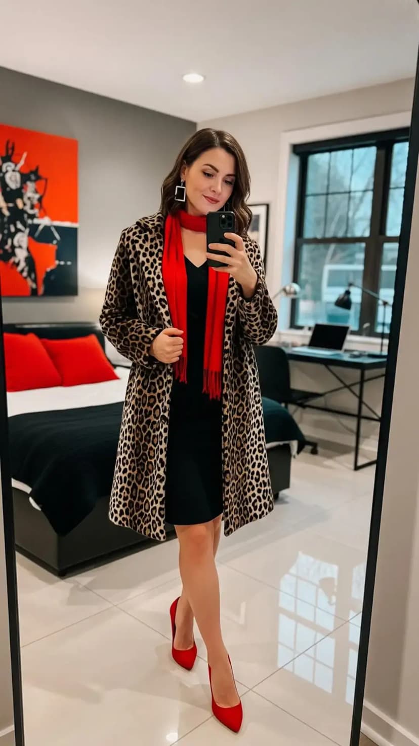 Leopard Print Coat + Black Dress + Red Scarf + Red Pointed Heels