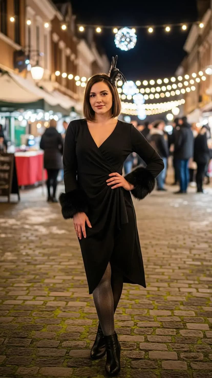 Black Wrap Dress + Glitter Tights + Black Ankle Boots