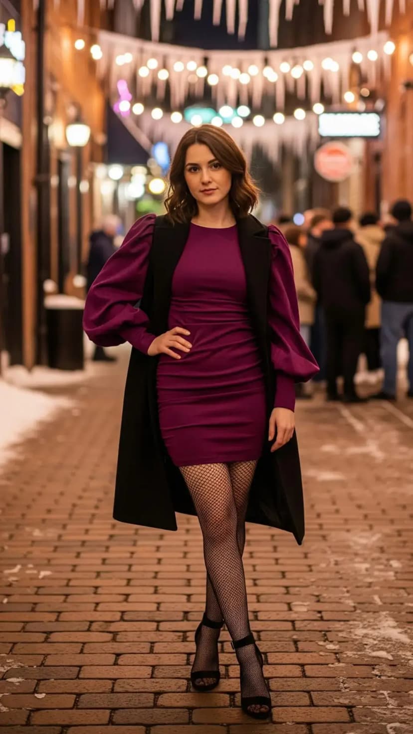 Purple Puff Sleeve Dress + Black Longline Vest + Fishnet Tights + Black Heels