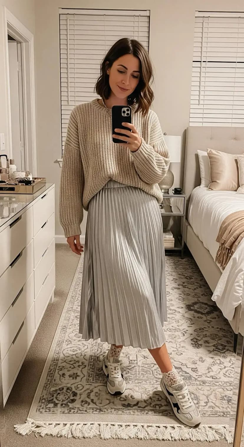 Beige Chunky Knit Sweater + Grey Pleated Midi Skirt + White Sneakers