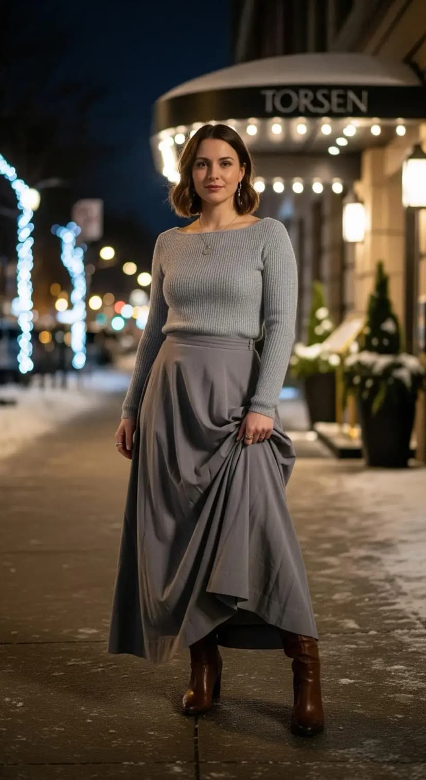 Grey Cowl Neck Top + Grey Flowy Maxi Skirt + Brown Boots