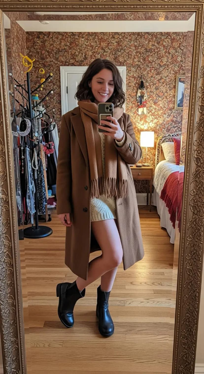 Camel Wool Coat + Cream Scarf + Beige Sweater Dress + Brown Ankle Boots + Printed Scarf Belt