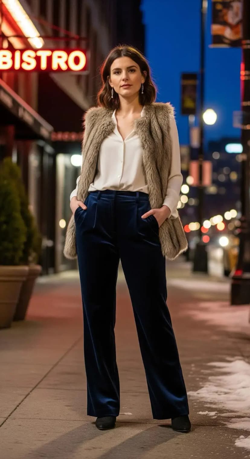 Faux Fur Vest + Cream Silk Blouse + Navy Velvet Wide-Leg Trousers + Black Boots